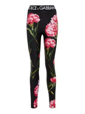 DOLCE GABBANA Stretchy Black High Rise Pink Floral Leggings Pants IT36/US0
